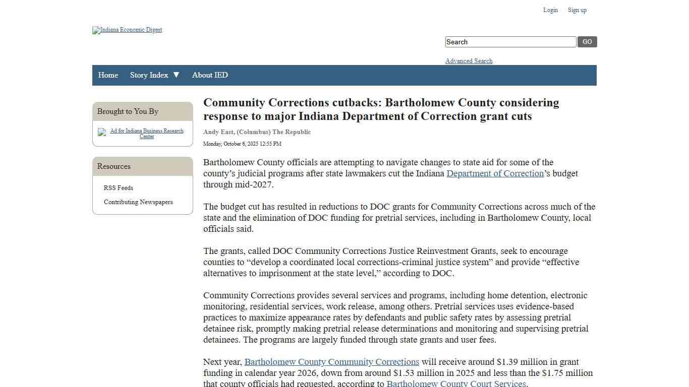 Community Corrections cutbacks: Bartholomew County considering response to major Indiana Department of Correction grant cuts - Indiana Economic Digest