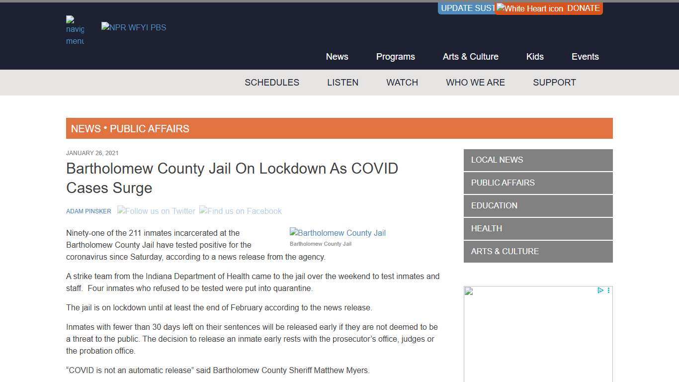 Bartholomew County Jail On Lockdown As COVID Cases Surge